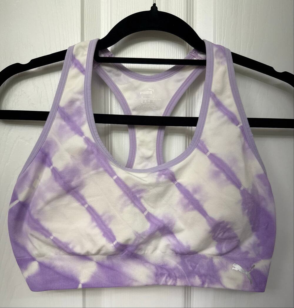 Puma DryCell Seamless racerback sports bra purple white tie-dye print medium